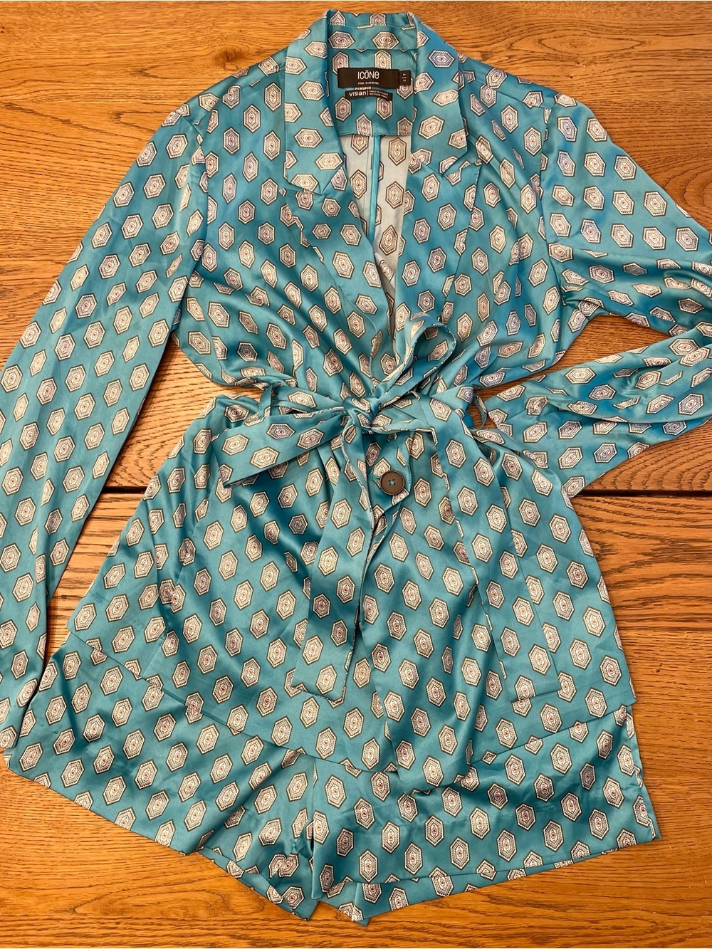 ICONE Teal Patterned Satin 2 piece set - wrap blazer and shorts